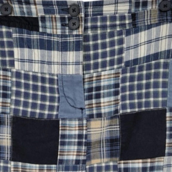LOFT Patchwork Skirt Women Sz 12 Blue Madras Lined Zipper Button Pockets Preppy - Picture 6 of 10